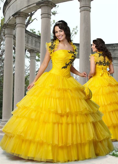 Yellow Ball Gown Strapless Lace up Floor Length Black Embroidered Pleated Quinceanera Dresses