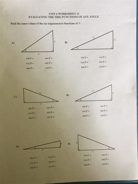 Six Trigonometric Ratios Worksheet