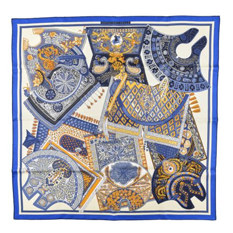 Hermes Silk Tapis De Selle Scarf Vanille Bleu Royal Gold