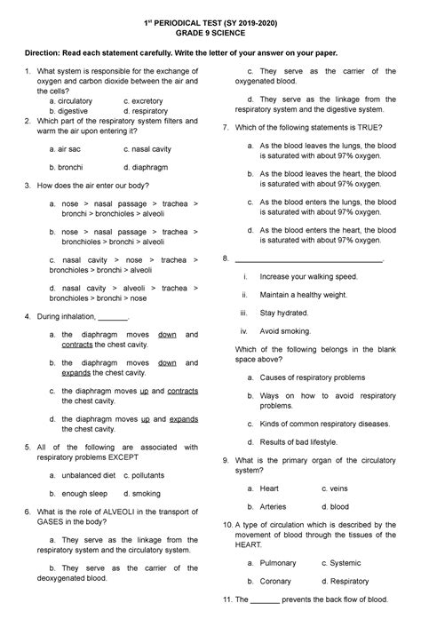 1st Periodic Test Science 9 1 St Periodical Test Sy 2019 2020