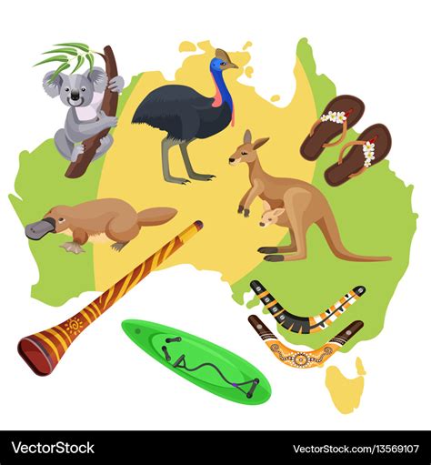 Australia Symbols On Map Koala Kangaroo Royalty Free Vector