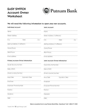 Fillable Online Easy Switch Account Owner Worksheet Putnam Bank Fax