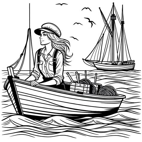 Femme pêcheuse navigue en bateau sur le lac – Dessin à colorier gratuit