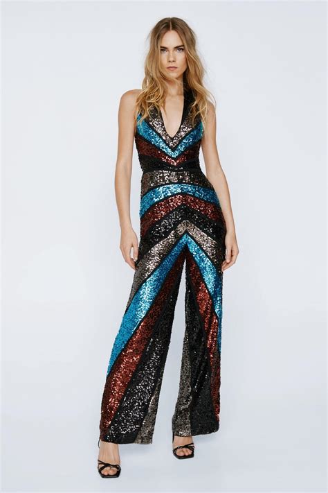 Sequin Contrast Halterneck Jumpsuit Nasty Gal