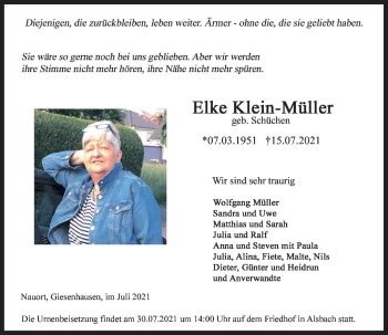 Traueranzeigen von Elke Klein Müller rz trauer de