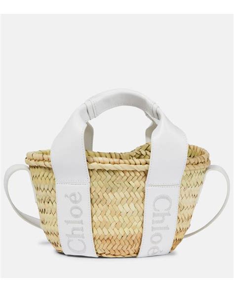 Chloé Sense Small Leather trimmed Raffia Tote Bag in White Lyst