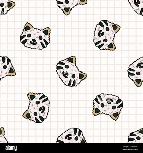 Kawaii Cat Onigiri Japanese Rice Seamless Vector Pattern Hand Drawn