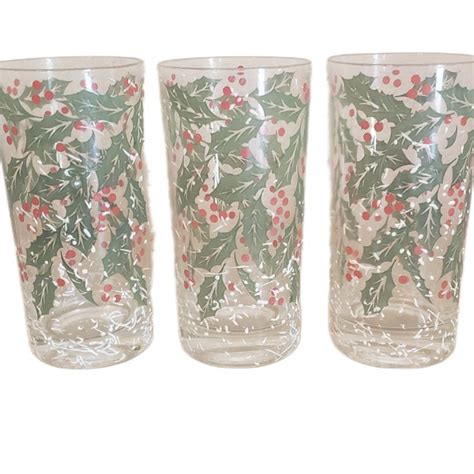 Glass Snowy Holly Glasses Etsy