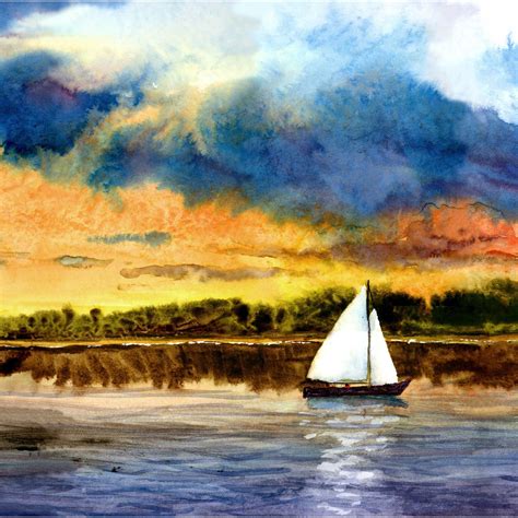 Sailboat painting watercolor PRINT seascape at Sunset Clouds