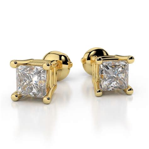 14k Yellow Gold 1.00ctw Genuine Princess Cut Diamond Stud Earrings ...