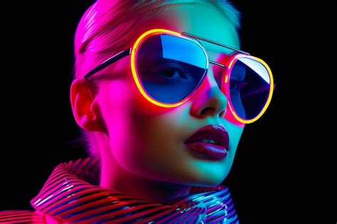 Premium Ai Image Woman Wearing Neon Colored Sunglasses And Striped