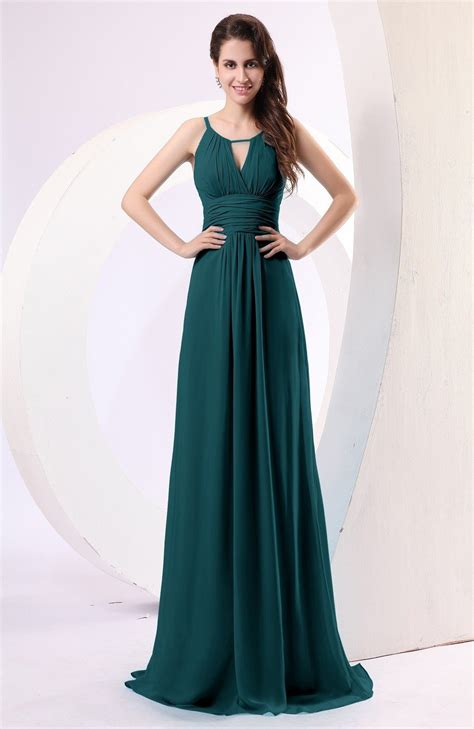 Blue Green Evening Dress - Plain Column Scoop Zipper Chiffon Ruching ...