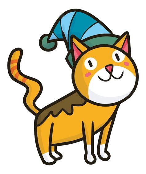 Divertido gato naranja con ilustración de dibujos animados de sombrero azul. | Vector Premium