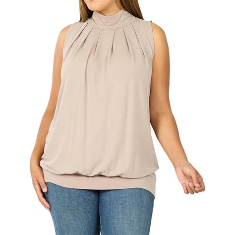 Zenana Women And Plus Sleeveless Mock Turtleneck Pleated Top With