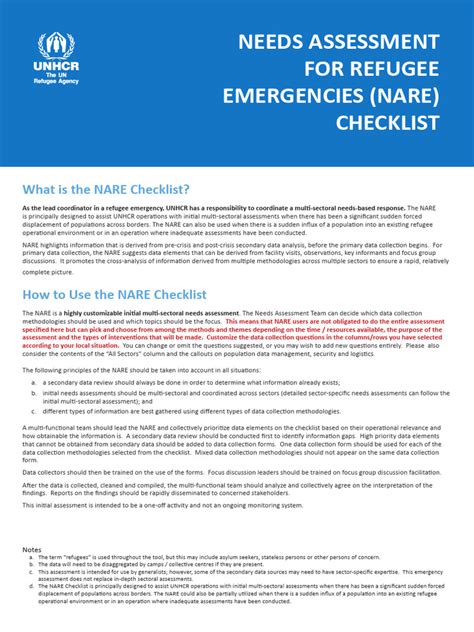 Unhcr 2014 Needs Assessment For Refugee Emergencies Nare Checklist