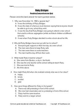 Benchmark Advance Reading Comprehension Quiz Rd Grade Ruby Bridges