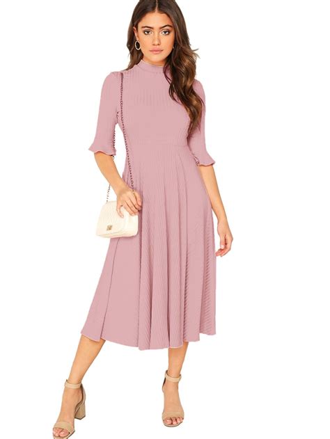 Shein Clasi Bell Sleeve Ribbed Knit Midi Dress Shein Usa