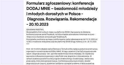 Formularz zgłoszeniowy konferencja DODAJ MNIE bezdomność młodzieży i