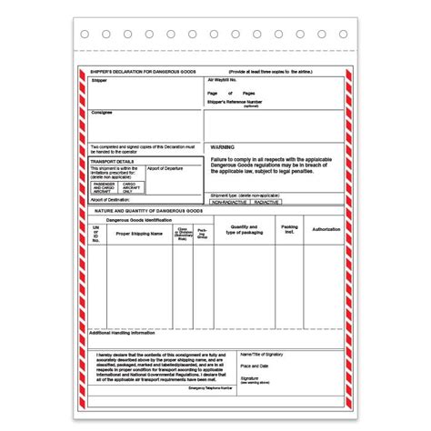 Shipper S Declaration For Dangerous Goods Form No Columns Laser