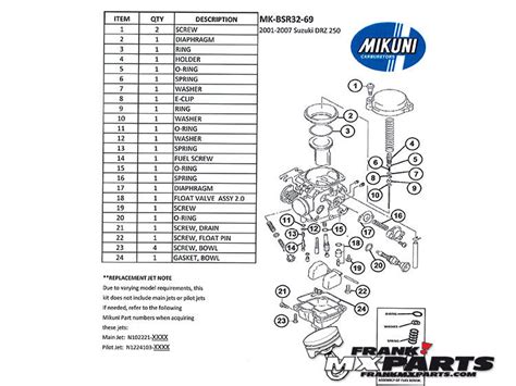 Revisie Kit Mikuni Bsr 32 Carburetor 2001 2007 Suzuki Drz 250 Dr Z250