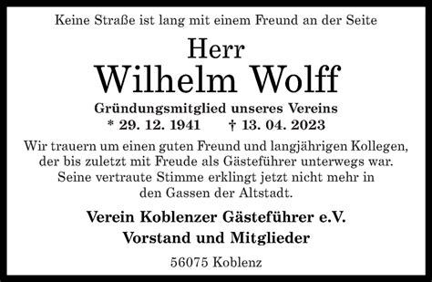 Traueranzeigen Von Wilhelm Wolff Rz Trauer De