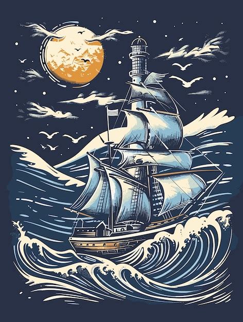 Barco A Vela Y Luna Llena En El Cielo Nocturno Ilustraci N Vectorial