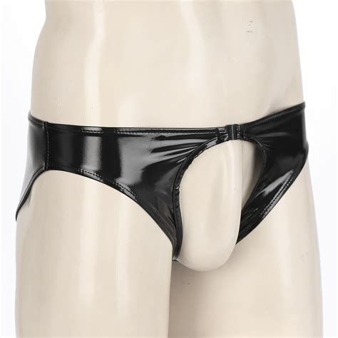 Men Wetlook Patent Leather Briefs Panties Hollow Out Crotchless Thongs