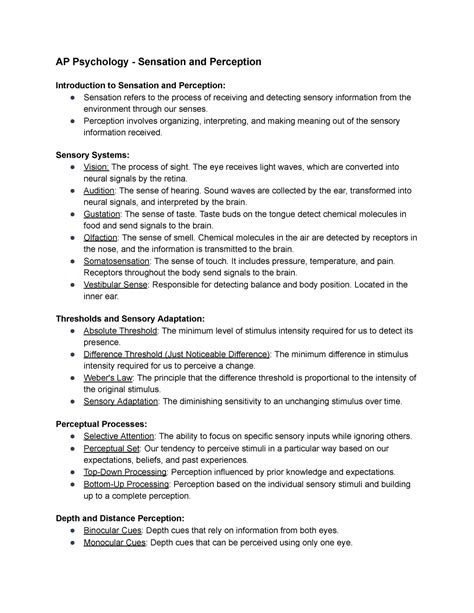 Ap Psychology Sensation And Perception Notes Ap Psychology