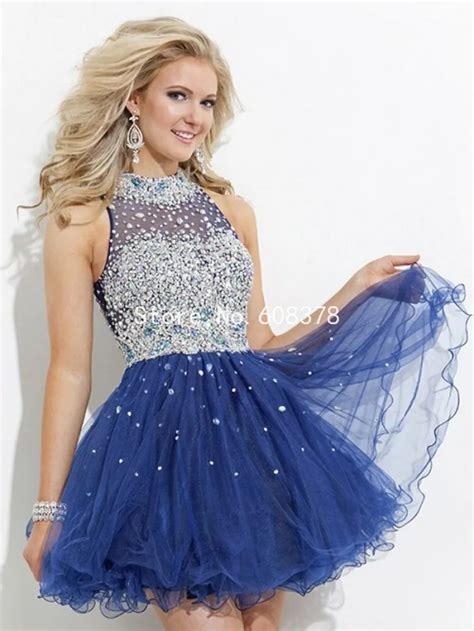 Shiny Sequin Beaded Tulle Royal Blue Sexy Short Prom Dress 2015 Off The Shoulder High Neck A