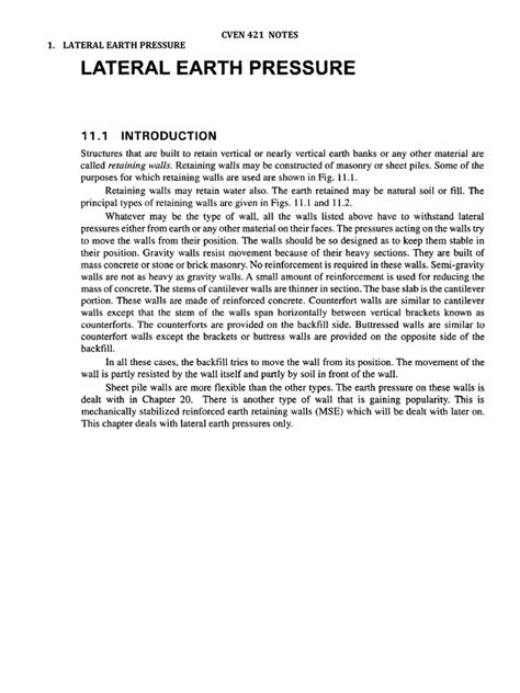 Cven 421 Lateral Earth Pressure Notes 2023 | PDF 