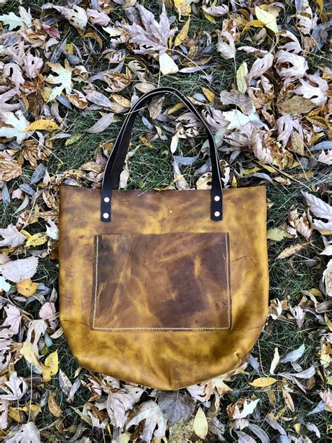 Tan Bison Leather Tote Bag Full Grain And Hand Made Etsy