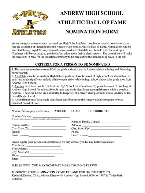 Fillable Online Andrew High School Athletic Hall Of Fame Nomination