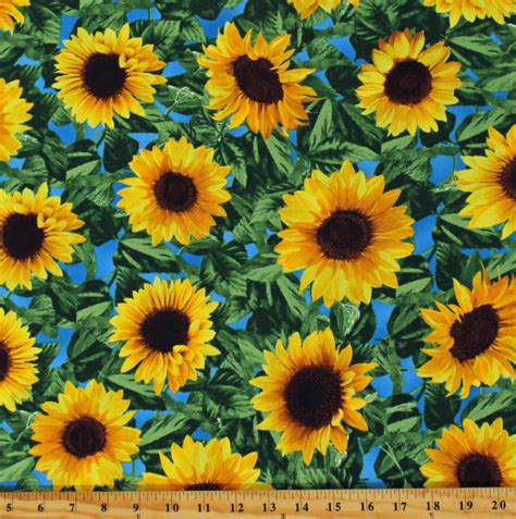 Cotton Large Leafy Sunflowers Floral Springtime Garden Sunflower Sunset ...