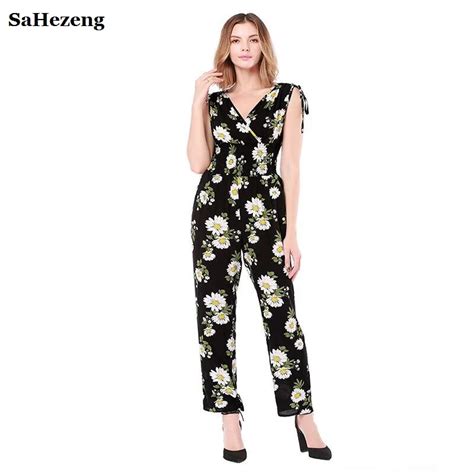 High Quality Summer Comfortable Flower Printed Jumpsuits 2018 Deep V