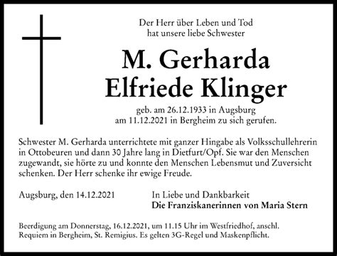 Traueranzeigen Von Gerharda Elfriede Klinger Allg Uer Zeitung