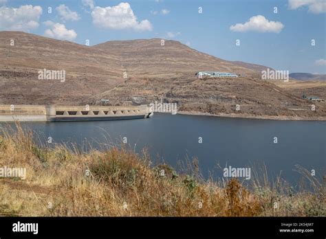 Katse Dam In Lesotho With Mountains Water And Concrete Dam Wall Stock