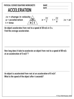 Acceleration Equation Worksheet By The Stem Master Tpt