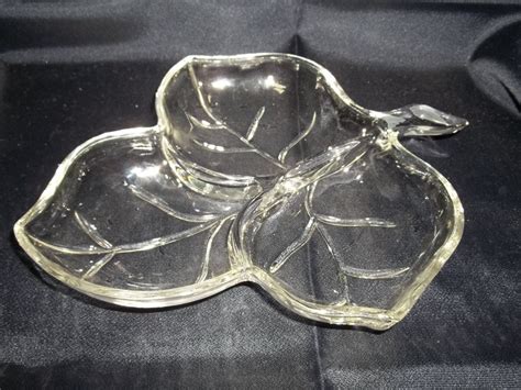 Hazel Atlas Clear Glass Leaf Shaped Divided Relish Nut Candy Dish Vintage Glass Leaves