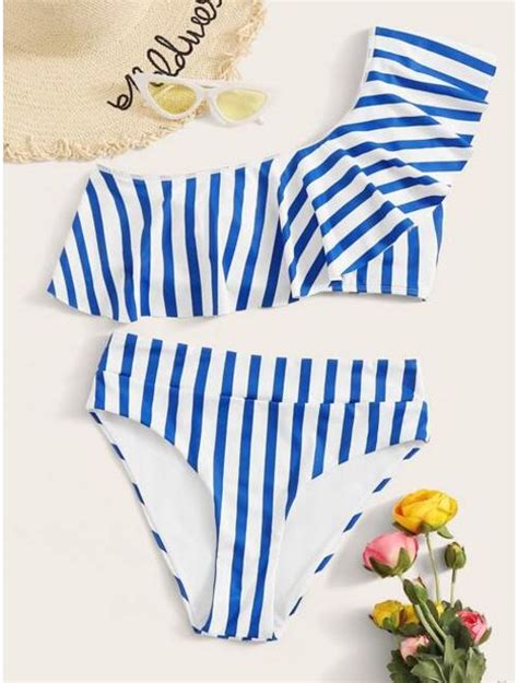 Buy Striped Flounce One Shoulder Bikini Set Online Topofstyle