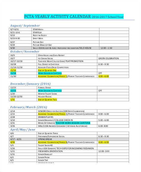 Monthly Activity Calendar Template Excel | PDF Template