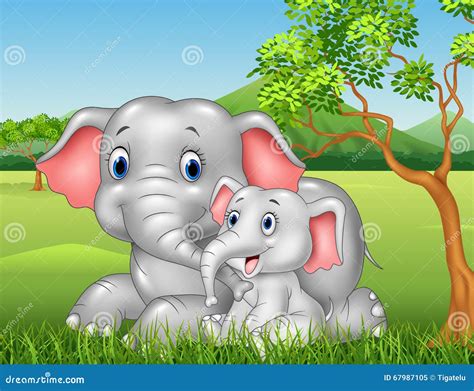 Cartoon Funny Mother And Baby Elephant On Jungle Background ...