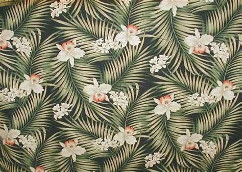 Fern Black Tropical Hawaiian Orchid And Plumeria Flowers Cotton
