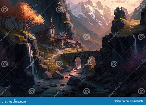 Fantasy Dwarven Village In The Mountains Next To A Ravine With A