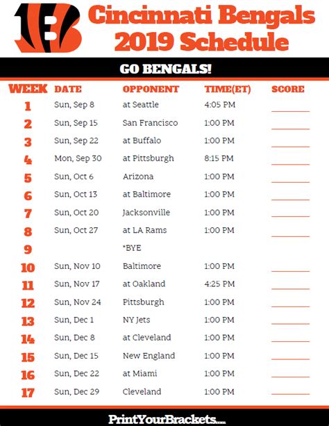 Cincinnati Bengals Schedule Printable 2023