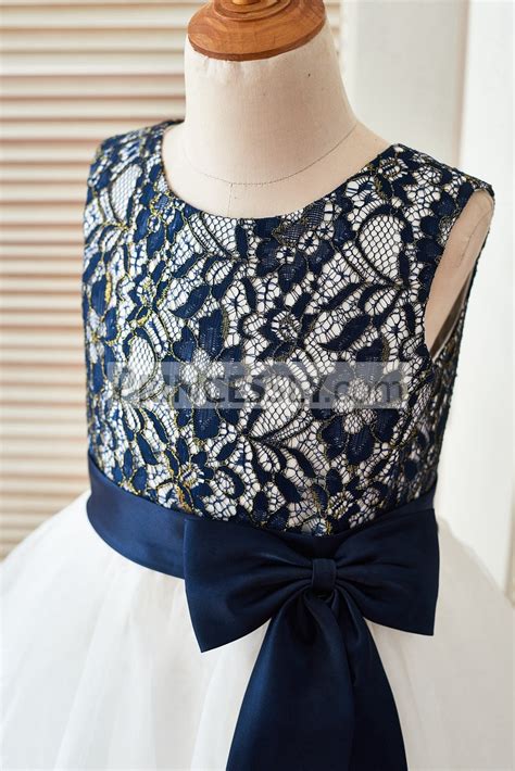 Navy Blue Gold Lace Ivory Tulle Layered Flower Girl Dress With Bow