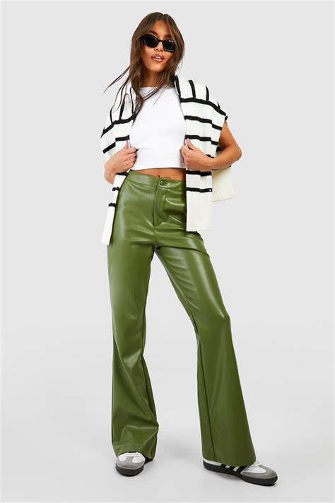 Womens Leather Look High Waisted Flared Trousers Boohoo Uk