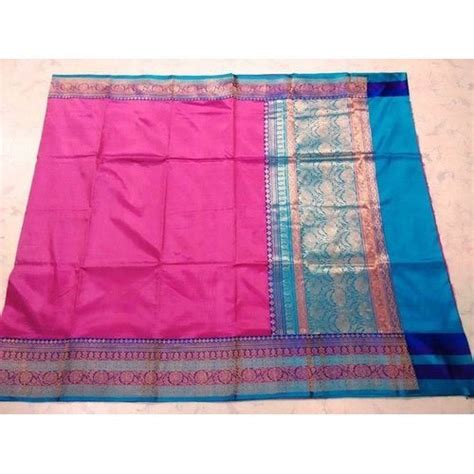 Pink And Blue Party Wear Handloom Cotton Silk Saree 6 M With Blouse