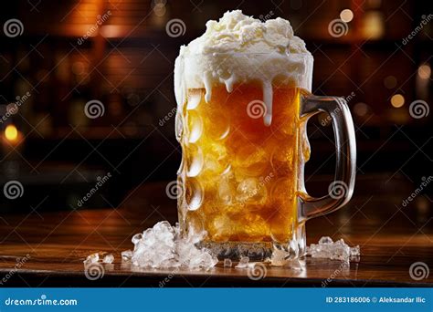 Beer Mug Overflowing With Foam On A Rustic Wooden Table In A Pub