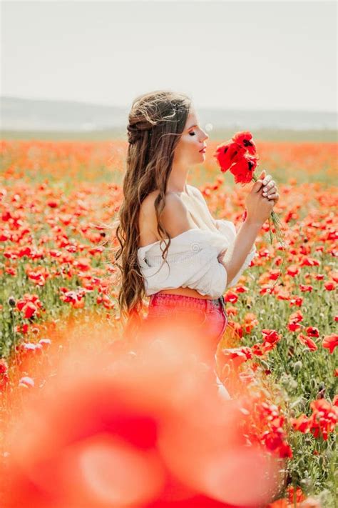 Woman Poppies Field Side View Of A Happy Woman With Long Hair In A