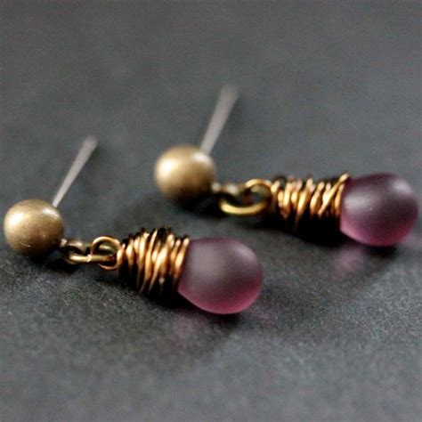 Bronze Earrings Clouded Purple Teardrop Earrings Dangle Etsy